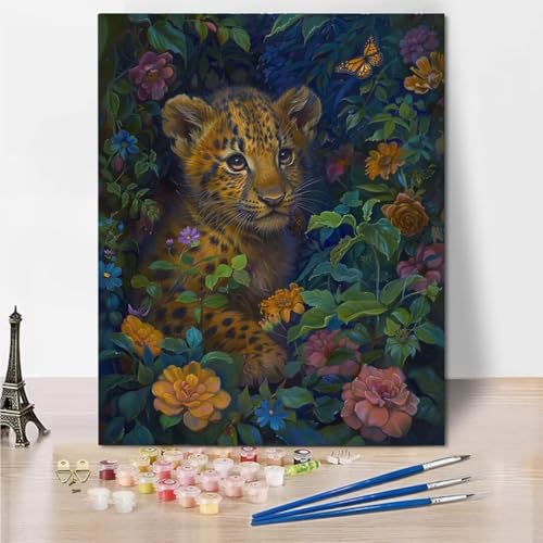 Malen Nach Zahlen Bastelset Erwachsene, Anfänger Malen Nach Zahlen zur Flower Leopard Bastelset Erwachsene Frauen Malen Nach Zahlen für Kinder Pinsel und Acrylfarben, 60x80cm Heimdekoration 6123-6 von RNXAOPEN