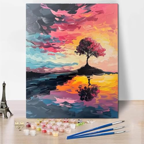 Malen Nach Zahlen Erwachsene, DIY Tree Lake Malen Nach Zahlen Kinder Handgemalt Ölgemälde Leinwand Kits Mit Pinsels und Acrylfarbe Als Geschenke und Heimdekoration, Ohne Rahmen 40x50cm 5575-J von RNXAOPEN