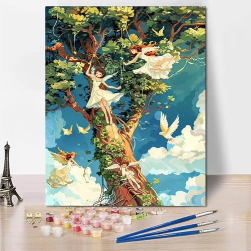 Malen Nach Zahlen Erwachsene, Malen Nach Zahlen Kits auf Leinwand, Tree Angel Öl Hand Malerei mit Pinseln Malerei Kits Erwachsene Kunsthandwerk für Zuhause Bastelset Erwachsene Frauen 100x130cm 8169-J von RNXAOPEN