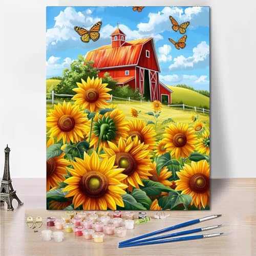 Malen Nach Zahlen Erwachsene Kinder, Groß Paint by Numbers mit Leinwand Pinseln Acrylpigment, House Sunflower DIY Handgemalt Gemälde Kit für Jungen Mädchen ab 6 Jahre und Home Deko 30x40cm 4594-M von RNXAOPEN