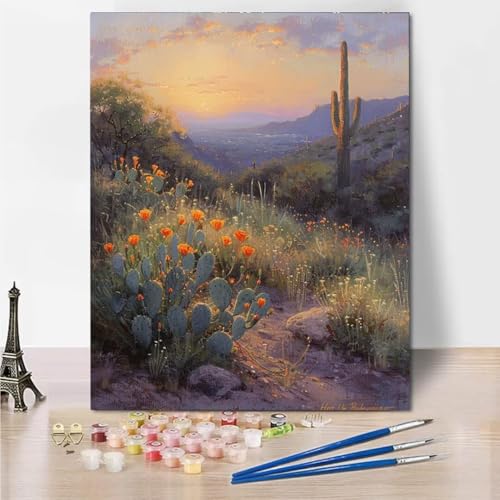 Malen Nach Zahlen Erwachsene Kinder, Groß Paint by Numbers mit Leinwand Pinseln Acrylpigment, Sunset Cactus DIY Handgemalt Gemälde Kit für Jungen Mädchen ab 6 Jahre und Home Deko 60x80cm 4954-A von RNXAOPEN