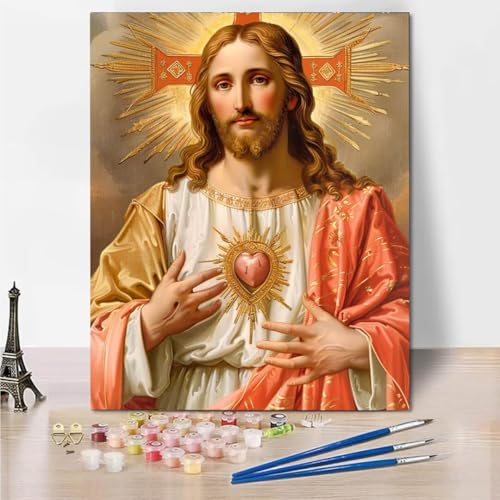 Malen Nach Zahlen Erwachsene- bastelset Anfänger Malen Nach Zahlen zur Jesus Sacred Heart DIY Handgemalt Ölgemälde Kit für Erwachsene, Mit Pinseln und Acrylfarbe 60x80cm Heimdekoration 6844-C von RNXAOPEN