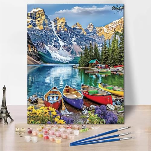 Malen Nach Zahlen Erwachsene kinder Anfänger Malen Nach Zahlen zur , Boat Mountain DIY Handgemalt Ölgemälde Kit Paint by Numbers Adult Mit - Acrylfarbe knitterfreie Leinwand Kit - 70x95cm 5081-H von RNXAOPEN