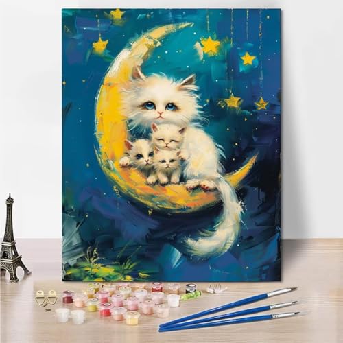 Malen Nach Zahlen Kinder ab 7 8 9 10 Jahre Mädchen, 30x40cm Malen Nach Zahlen Erwachsene Malen-Nach-Zahlen Kinder Teenager Kreatives für Mädchen 8 Jahre Geschenkideen Malen Nach Zahlen Cat Moon 4692-W von RNXAOPEN