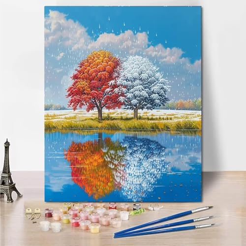 RNXAOPEN Malen Nach Zahlen Bastelset Erwachsene ab Jahre Mädchen und Junge, Malen Nach Zahlen für Kinder Pinsel und Acrylfarben, 70x95cm Bastelset Erwachsene Frauen Lake Tree 4374-3 von RNXAOPEN