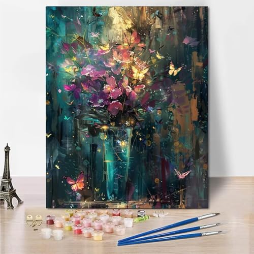 RNXAOPEN Malen Nach Zahlen Erwachsene, Butterfly Flower DIY Handgemalt Ölgemälde Kit für Anfänger und Erwachsene Mit 3-Pinseln und Acrylfarbe, Ohne Rahmen 50x65cm 5338-8 von RNXAOPEN