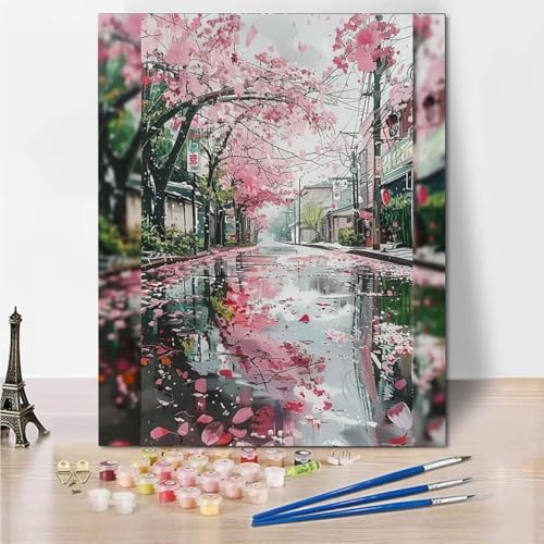 RNXAOPEN Malen Nach Zahlen Erwachsene, DIY Cherry Blossoms Street Handgemalt Ölgemälde Leinwand Kits, Anfänger Paint by Numbers Malen Nach Zahlen zur Heimdekoration, Kein Rahmen 40x50cm 4126-V von RNXAOPEN