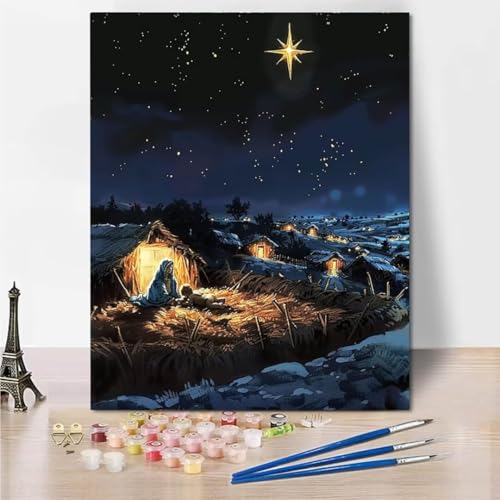 RNXAOPEN Malen Nach Zahlen Erwachsene, DIY Handgemalt Ölgemälde Kit für Anfänger und Erwachsene Mit 3-Pinseln und Acrylfarbe, Starry Sky Small Town Ohne Rahmen 30x40cm 5119-6 von RNXAOPEN