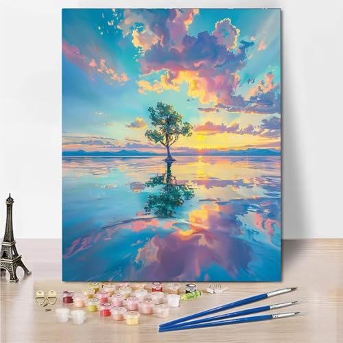 RNXAOPEN Malen Nach Zahlen Erwachsene, DIY Handgemalt Ölgemälde Kit für Anfänger und Erwachsene Mit 3-Pinseln und Acrylfarbe, Sunset Tree Ohne Rahmen 30x40cm 4279-7 von RNXAOPEN