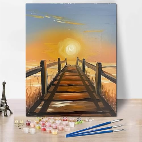 RNXAOPEN Malen Nach Zahlen Erwachsene, DIY Pier Sunset Ölgemälde Leinwand Set mit Pinsel und Acrylpigment für Frauen Home Deko Geburtstag Weihnachten Geschenk - 30x40cm 4727-7 von RNXAOPEN