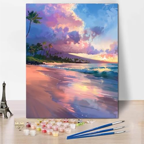 RNXAOPEN Malen Nach Zahlen Erwachsene, Malen Nach Zahlen Kinder Anfänger, Beach Sea DIY Paint by Numbers Ölgemälde Leinwand Kit für Geschenke und Home Wand Dekor 60x80cm 5808-D von RNXAOPEN