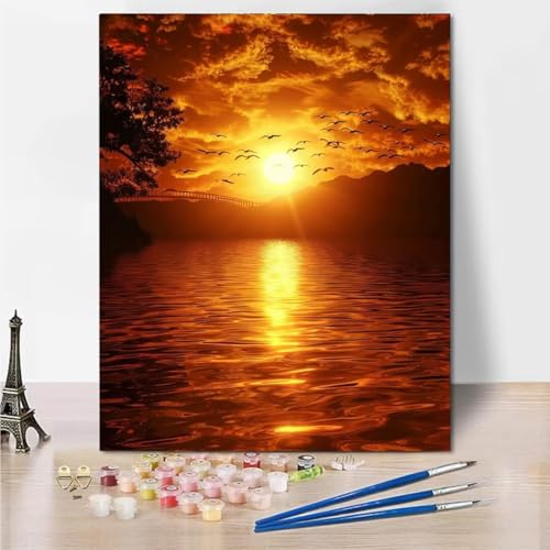 RNXAOPEN Malen Nach Zahlen Erwachsene, Paint by Numbers Malen Nach Zahlen, DIY Sunset Lake mit Pinseln und Acrylfarben Handgemalt Ölgemälde Leinwand für Home Decor, Ohne Rahmen 50x65cm 4155-2 von RNXAOPEN