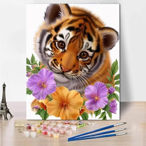 RNXAOPEN Malen Nach Zahlen Erwachsene Kind Malen Nach Zahlen Flower Tiger Faltenfreie Leinwand Acryl Pigment Home Deko Geburtstag Festival Geschenk 50x65cm 6227-Y von RNXAOPEN