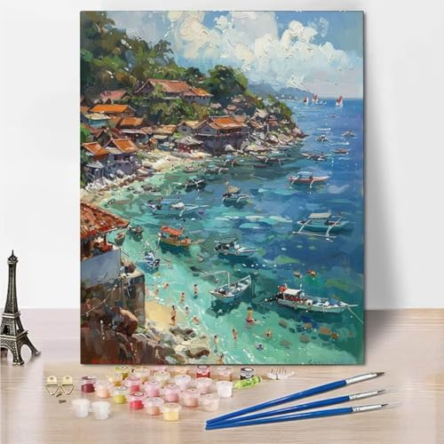 RNXAOPEN Malen Nach Zahlen Kinder Erwachsene - Bay Boat - DIY Ölgemälde Faltenfreie Leinwand 3 Holzbürsten und Hochwertige Acrylfarbe Geschenk 40x50cm 4861-3 von RNXAOPEN