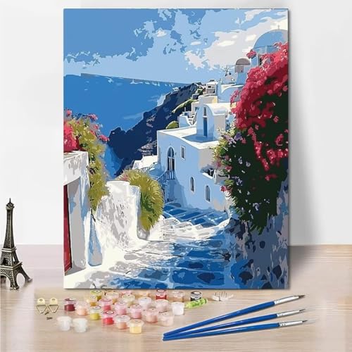 RNXAOPEN Malen Nach Zahlen Kinder Erwachsene - Flower Villa - DIY Ölgemälde Faltenfreie Leinwand 3 Holzbürsten und Hochwertige Acrylfarbe Geschenk 70x95cm 5501-W von RNXAOPEN