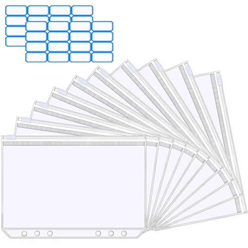 20 Stück A5 Binder Taschen, 6 Löcher Binder, mit 2 Aufkleber Beschriften, Transparent Wasserdichter Reißverschluss Ordner, für A5 Ringordner Notebook-Binder Geldumschläge von RNXSIB