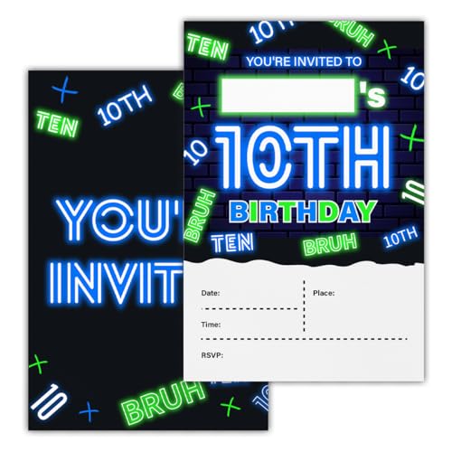 RNYJJ Bruh Einladungen zum 10. Geburtstag für Jungen, Neonleuchtendes Bruh Geburtstagsparty, Einladungskarten mit Umschlägen (20 Stück), doppelseitiges Design von RNYJJ