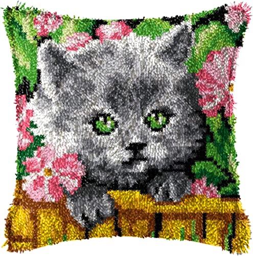 ROCKY&CHAO Knüpfhaken-Kits, DIY Niedliche Katze Überwurf-Kissenbezug 43x43cm, Häkelarbeiten, für Anfänger, Kinder und Erwachsene, handgefertigt, Heimdekoration, Festival von ROCKY&CHAO