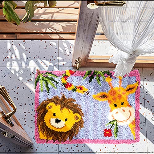 Knüpfhaken-Teppich-Set, DIY Knüpfhaken Löwe und Giraffe Teppich Making für Erwachsene Kinder Löwe und Giraffe Kreuzstich-Set Teppichherstellung Kissen Handarbeit für Anfänger Heimdekoration 50 × 38 cm von ROCKY&CHAO