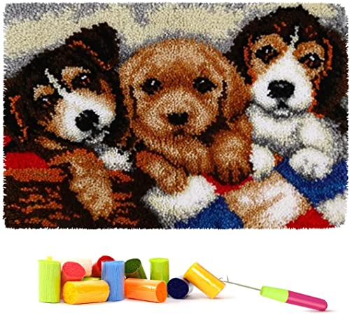 ROCKY&CHAO Knüpfhaken-Set, 60 x 40 cm, DIY Knüpfhaken-Hundeteppich-Bastelset für Erwachsene und Kinder, drei Hunde, Kreuzstich-Set, Teppichherstellung, Kissen, Handarbeit für Anfänger, Heimdekoration von ROCKY&CHAO