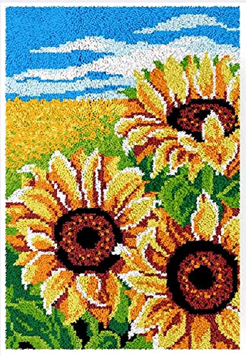 ROCKY&CHAO Knüpfhaken Teppich Kit, DIY Katzen Teppich Making Kit für Erwachsene Kinder, Sonnenblume, Kreuzstich Kit Teppichherstellung Kissen Nadelarbeit für Anfänger, Heimdekoration, 50 x 38 cm von ROCKY&CHAO