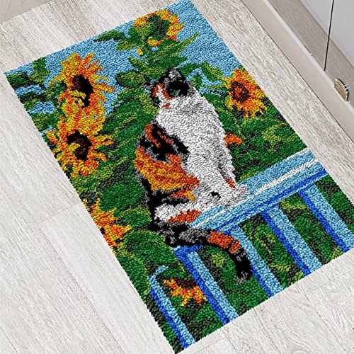 ROCKY&CHAO Knüpfhaken-Teppich-Set DIY-Knüpfhaken Teppichherstellungs-Set für Erwachsene Kinder Kreuzstich-Set Teppichherstellung Heimdekoration 50 x 38 cm（Drei-Blumen-Katze） von ROCKY&CHAO