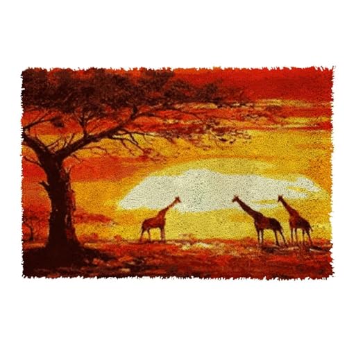 ROCKY&CHAO Knüpfhaken-Teppich-Set DIY-Knüpfhaken Teppichherstellungs-Set für Erwachsene Kinder Kreuzstich-Set Teppichherstellung Heimdekoration 50 x 38 cm(Giraffe bei Sonnenuntergang) von ROCKY&CHAO