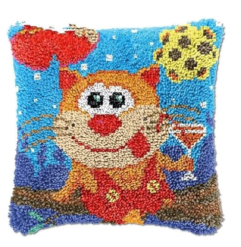 ROCKY&CHAO Knüpfteppich Zum Selber Knüpf-Sets mit Kissen knüpfen-Set 43x43cm Kissenbezug-Set für Erwachsene und Kinder Latch Hook Kit Heimaccessoire（Cartoon-kätzchen） von ROCKY&CHAO