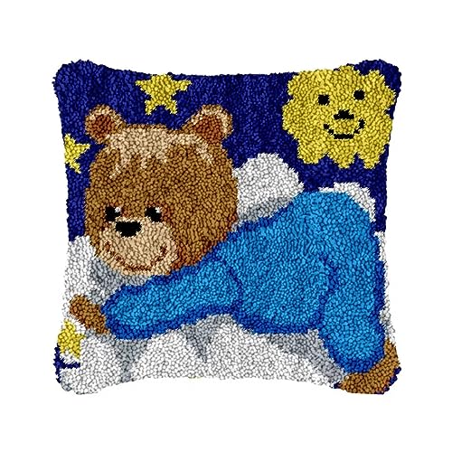 ROCKY&CHAO Knüpfteppich Zum Selber Knüpf-Sets mit Kissen knüpfen-Set 43x43cm Kissenbezug-Set für Erwachsene und Kinder Latch Hook Kit Heimaccessoire（Gute Nacht Bär） von ROCKY&CHAO