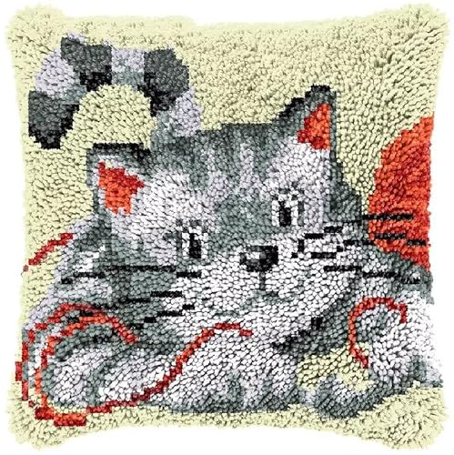 ROCKY&CHAO Knüpfteppich Zum Selber Knüpf-Sets mit Kissen knüpfen-Set 43x43cm Kissenbezug-Set für Erwachsene und Kinder Latch Hook Kit Heimaccessoire（Katze Und Schnur） von ROCKY&CHAO