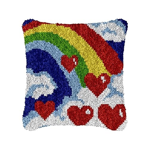 ROCKY&CHAO Knüpfteppich Zum Selber Knüpf-Sets mit Kissen knüpfen-Set 43x43cm Kissenbezug-Set für Erwachsene und Kinder Latch Hook Kit Heimaccessoire（Regenbogenherz） von ROCKY&CHAO