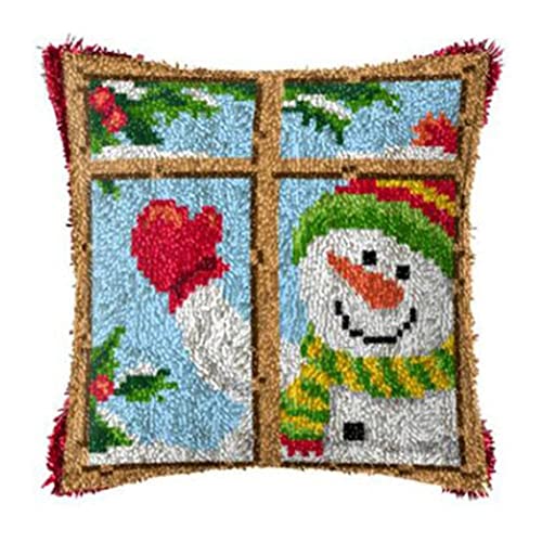 ROCKY&CHAO Knüpfteppich Zum Selber Knüpf-Sets mit Kissen knüpfen-Set 43x43cm Kissenbezug-Set für Erwachsene und Kinder Latch Hook Kit Heimaccessoire（Schal Schneemann） von ROCKY&CHAO