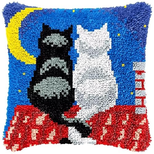 ROCKY&CHAO Knüpfteppich Zum Selber Knüpf-Sets mit Kissen knüpfen-Set 43x43cm Kissenbezug-Set für Erwachsene und Kinder Latch Hook Kit Heimaccessoire（Schwarze und weiße Katze） von ROCKY&CHAO