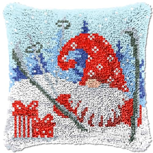 ROCKY&CHAO Knüpfteppich Zum Selber Knüpf-Sets mit Kissen knüpfen-Set 43x43cm Kissenbezug-Set für Erwachsene und Kinder Latch Hook Kit Heimaccessoire（Weihnachtswichtel） von ROCKY&CHAO