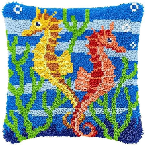 ROCKY&CHAO Knüpfteppich Zum Selber Knüpf-Sets mit Kissen knüpfen-Set 43x43cm Kissenbezug-Set für Erwachsene und Kinder Latch Hook Kit Heimaccessoire（Zwei Seepferdchen） von ROCKY&CHAO