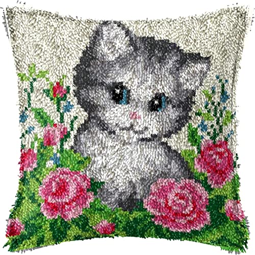 ROCKY&CHAO Knüpfteppich Zum Selber Knüpf-Sets mit Kissen knüpfen-Set 43x43cm Kissenbezug-Set für Erwachsene und Kinder Latch Hook Kit Heimaccessoire (Kätzchen in den Blumen) von ROCKY&CHAO