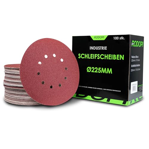 RODOPI Klett Schleifpapier 225mm RedDevil Schleifscheiben für Trockenbauschleifer K40-320 Exzenterschleifer 10 Loch Klettscheibe Zirkonium Korund - 100 Stück K220 von RODOPI