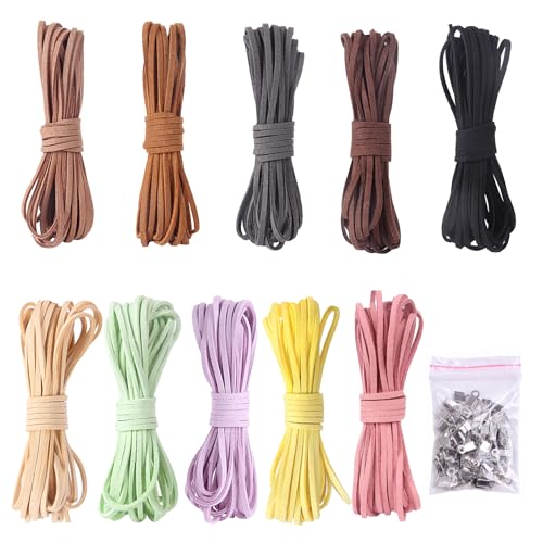 ROEOWENE 10 Farben Lederschnur 3mm x 5m Lederband für Ketten Leder Schnur Faux Wildleder Schnur Lederschnur Bunt mit 100pcs Schnurenden für DIY Armbänder Halskette Schmuck Handwerk Basteln von ROEOWENE