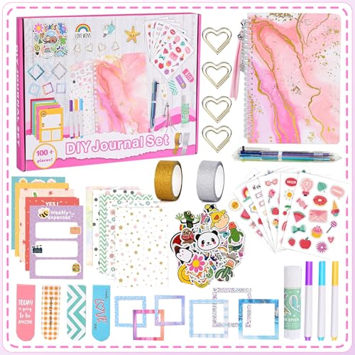 ROEOWENE 153 PCS Scrapbook Zubehör DIY Scrapbook Set Mädchen Bullet Journal Sticker Scrapbooking Zubehör Sticker Aesthetic A5 Notizbuch Bastelset Kinder Tagebuch Weihnachten Geschenke 6-12 Jahre-Rosa von ROEOWENE