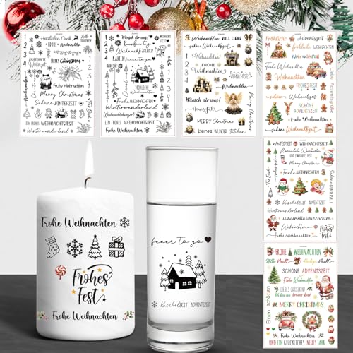 ROEOWENE 6 PCS Kerzentattoos Weihnachten,Wasserschiebefolie Kerzen Tattoos,Rub on Sticker Kerzenfolie DIY Kerzensticker für Keramik, Kerzenaufkleber für Kerzen Dekorieren Kerzentatoos,Schwarz + Braun von ROEOWENE