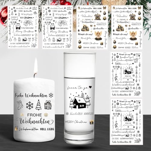 ROEOWENE 6 PCS Kerzentattoos Weihnachten,Wasserschiebefolie Kerzen Tattoos,Rub on Sticker Weihnachten Kerzenfolie DIY Kerzensticker für Keramik, Kerzenaufkleber Dekorieren Kerzentatoos,Schwarz von ROEOWENE