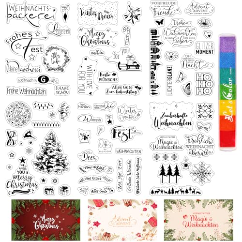 ROEOWENE 6 PCS Silikonstempel Weihnachten Deutsch mit Stempelkissen Clear Stamps Christmas Sprüche Transparent Silikonstempel Glückwunsch Stempel Frohe Weihnachten für DIY Scrapbooking,Journal von ROEOWENE