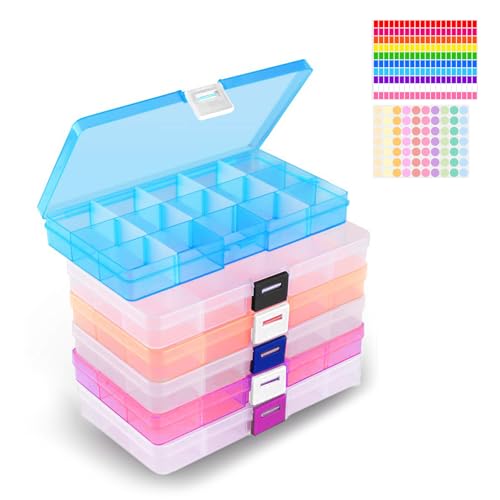 ROEOWENE 6pcs Sortierboxen für Kleinteile Organizer Perlenbox Sortierbox Schrauben Plastik Perlen Aufbewahrungsbox mit Fächern Klar Sortimentskasten Kleinteilebox für Schmuck mit 2 Etikettenaufkleber von ROEOWENE