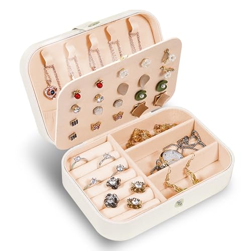 ROEOWENE Schmuckaufbewahrung Reise Schmuckkästchen Schmuck Box Klein Schmuckdose Schmuckkästen Schmuck Organizer Aufbewahrung Ohrring Jewelry Box Mini Schmuckschatulle Geschenk für Mädchen,Damen-Beige von ROEOWENE