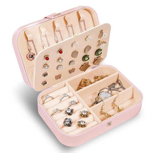 ROEOWENE Schmuckaufbewahrung Reise Schmuckkästchen Schmuck Box Klein Schmuckdose Schmuckkästen Schmuck Organizer Aufbewahrung Ohrring Jewelry Box Mini Schmuckschatulle Geschenk für Mädchen,Damen-Rosa von ROEOWENE