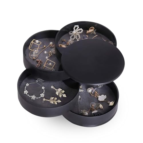 ROEOWENE Schmuckaufbewahrung Rund Drehbar Schmuckkästchen Klein Schmuckkasten Mädchen Damen 4 Ebenen Schmuck Organizer Box Jewelry Schmuckschatulle Schmuckdose für Ringe, Ohrringe, Halskette-schwarz von ROEOWENE