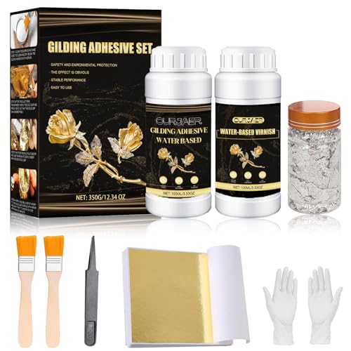 ROFPM Blattgold Kleber, Vergoldungs Kleber, Gold Leaf Adhesive, 100ml Wasserbasierter Metallblatt Kleber und 100ml Lack, Blattgold Blätter 100 Pcs, 2 Bürsten für Metall, Handwerk, Malerei und Kunst ROFPM Blattgold Kleber, Vergoldungs Kleber, Gold Leaf Adhesive, 100ml Wasserbasierter Metallblatt Kleber und 100ml Lack, Blattgold Blätter 100 Pcs, 2 Bürsten für Metall, Handwerk, Malerei und Kunst von ROFPM