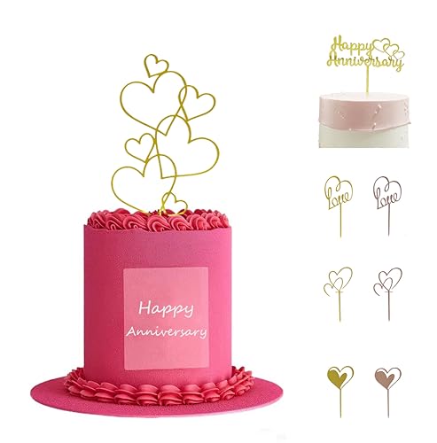 Hochzeitstorten-Topper aus goldfarbenem Acryl, Happy Anniversary, Kuchendekorationen, Liebesherz-Design, Cupcake-Topper für Hochzeit, Braut, Jahrestag, Themenparty, Dekorationen, 8 Stück von ROHOME