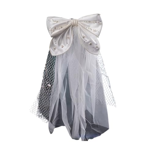 ROJDFCNBW Brautschleier,Hochzeitsschleier, Schleier Weiß Satin Schleife Perle Schleier Braut Haar Zubehör Mesh Weiche Kurze Garn Hochzeit Haar Zubehör Einfache von ROJDFCNBW