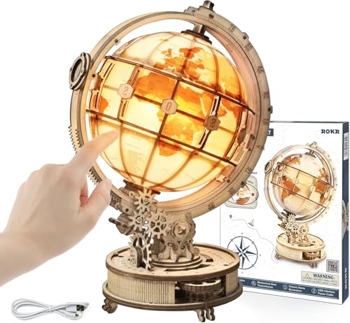 ROKR 3D Puzzle Holz Erwachsene, Holzpuzzle Modell Leuchtglobus Modellbau Bastelset Erwachsene mit LED Licht Weltkugel Bausatz Drehbar Luminous Globe Holzbausatz als Deko, Geschenk (180 Teilen) von ROKR